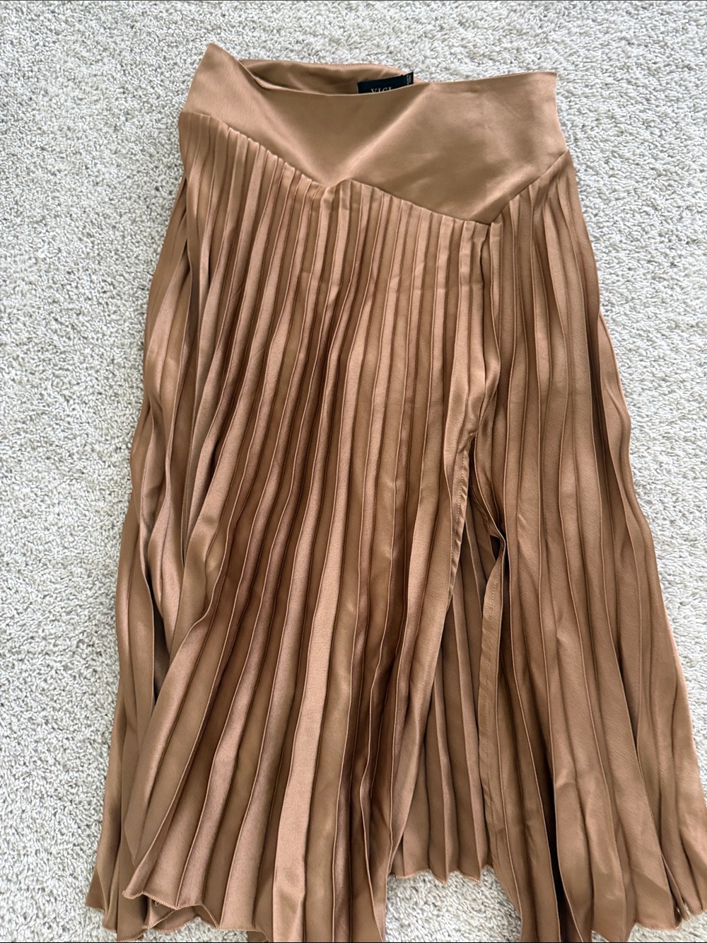 Vici Camel Pleated Satin A-Line Skirt